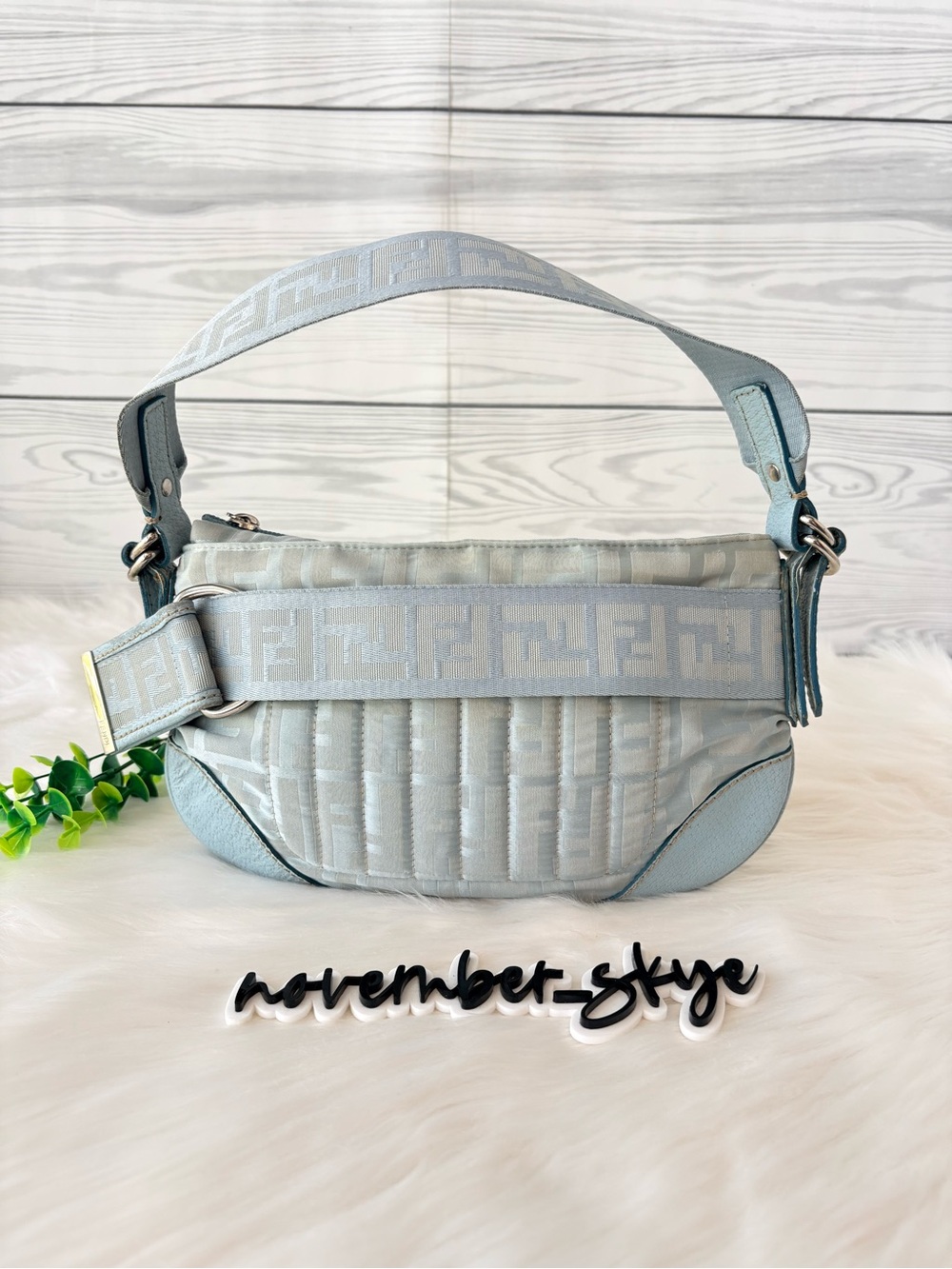 Fendi Zucchino FF Jacquard Shoulder Bag Light Blue